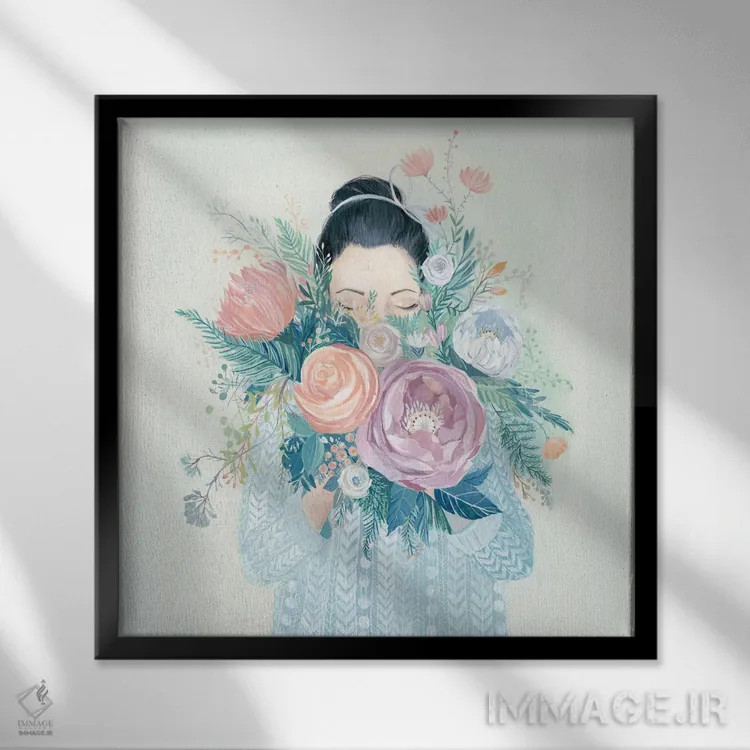 تابلو دختر با دستهگل گلدار اثر کلارا مکآلیستر - نمای قابدار مشکی