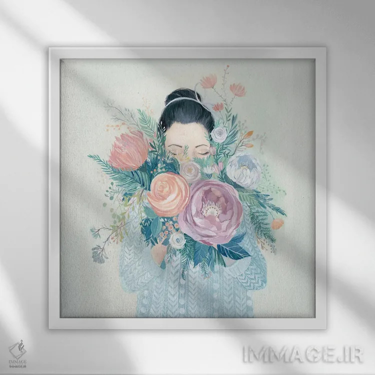 تابلو دختر با دستهگل گلدار اثر کلارا مکآلیستر - نمای قابدار سفید