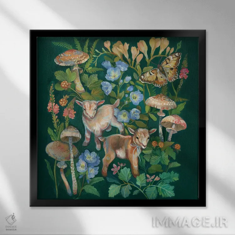تابلو باغ قارچ با بزها اثر کلارا مکآلیستر - نمای قابدار مشکی