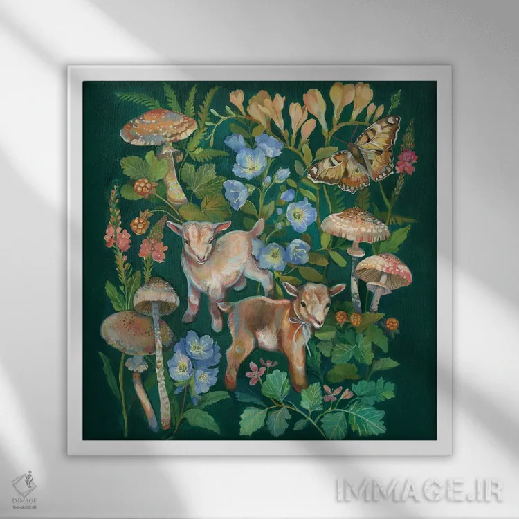 تابلو باغ قارچ با بزها اثر کلارا مکآلیستر - نمای قابدار سفید