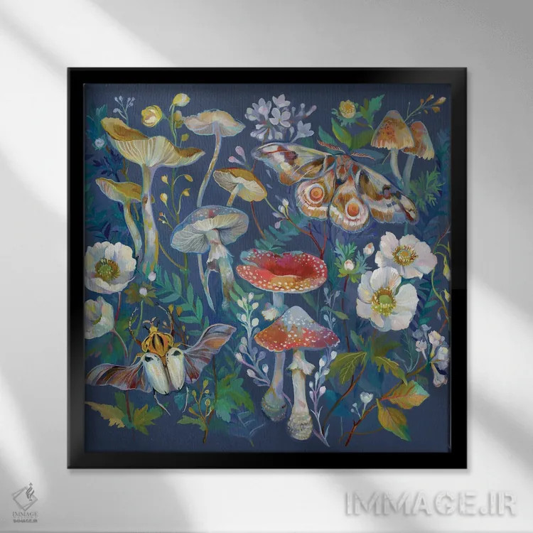 تابلو سوسک، شبپره و قارچ اثر کلارا مکآلیستر - نمای قابدار مشکی