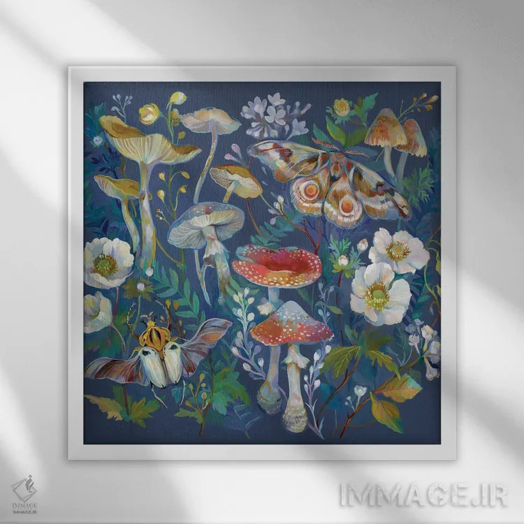 تابلو سوسک، شبپره و قارچ اثر کلارا مکآلیستر - نمای قابدار سفید