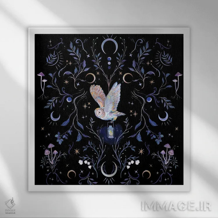 تابلو جغد مهتابی اثر کلارا مکآلیستر - نمای قابدار سفید