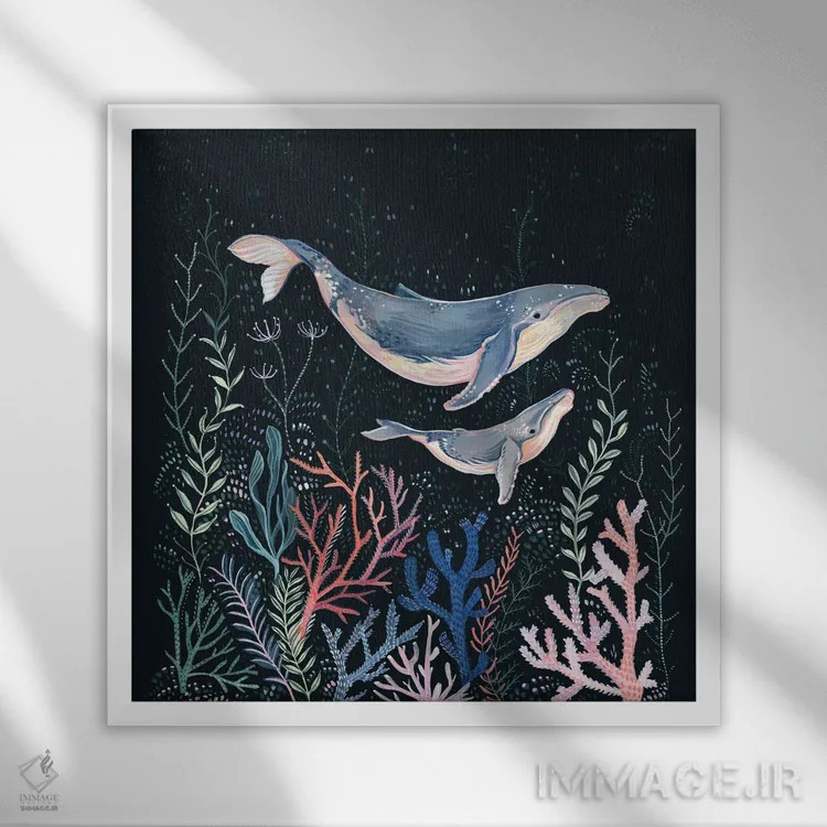 تابلو نهنگها و مرجانها اثر کلارا مکآلیستر - نمای قابدار سفید