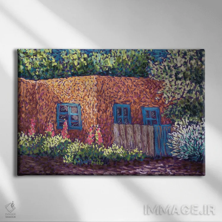 تابلو خانه گلی با پنجرههای آبی (آدوبی) اثر کندی مایر - نمای روبهرو روی دیوار