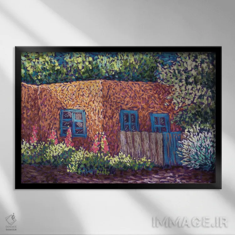 تابلو خانه گلی با پنجرههای آبی (آدوبی) اثر کندی مایر - نمای قابدار مشکی
