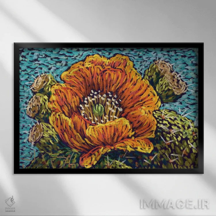 تابلو گل نارنجی کاکتوس اثر کندی مایر - نمای قابدار مشکی
