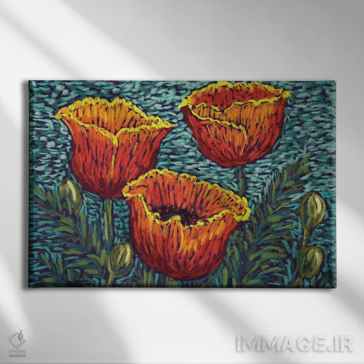 تابلو شقایقهای نارنجی قرمز اثر کندی مایر - نمای روبهرو روی دیوار
