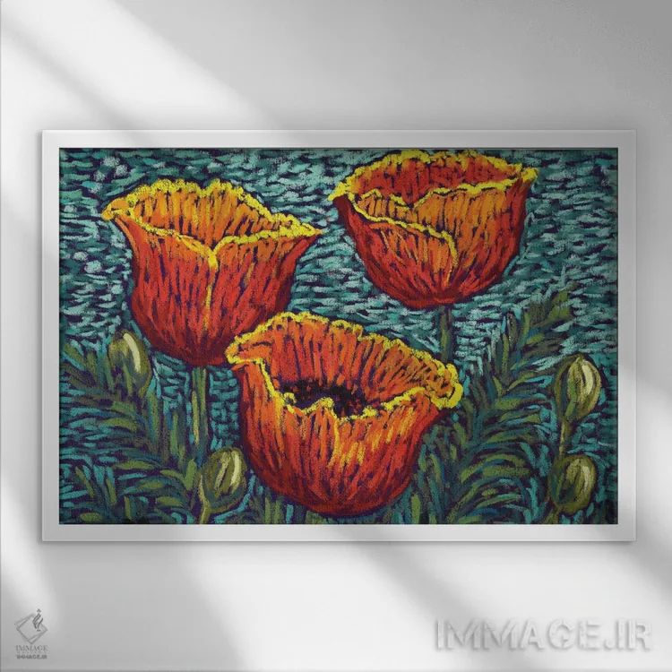 تابلو شقایقهای نارنجی قرمز اثر کندی مایر - نمای قابدار سفید