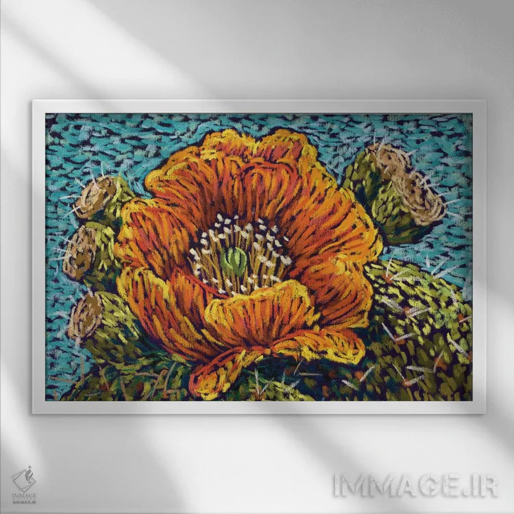 تابلو گل نارنجی کاکتوس اثر کندی مایر - نمای قابدار سفید