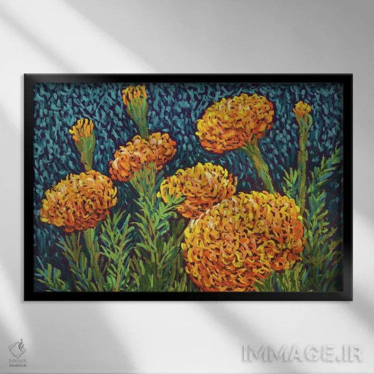 تابلو گلهای همیشه بهار اثر کندی مایر - نمای قابدار مشکی