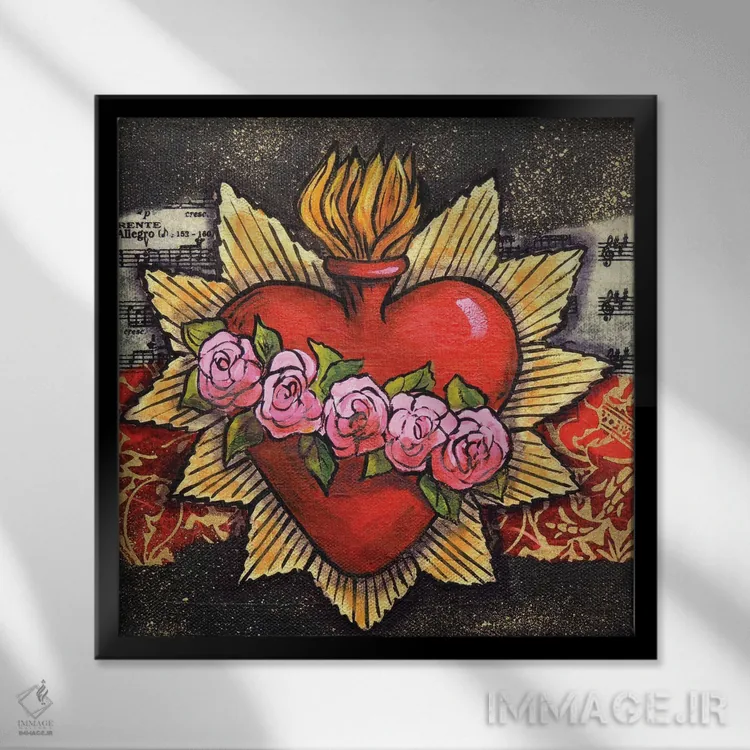 تابلو قلب مقدس با پنج گل رز اثر کندی مایر - نمای قابدار مشکی
