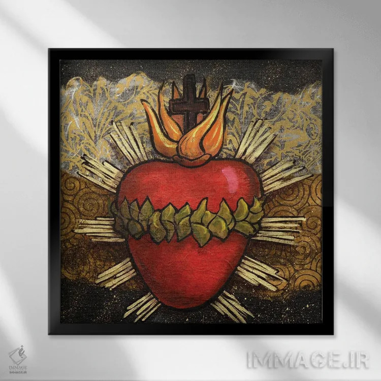 تابلو قلب مقدس با برگها اثر کندی مایر - نمای قابدار مشکی