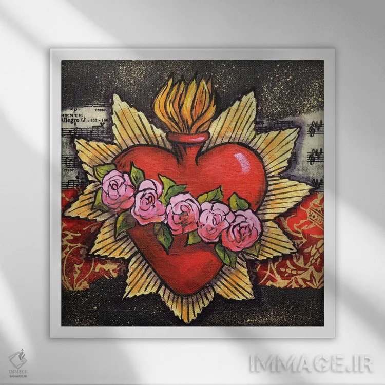 تابلو قلب مقدس با پنج گل رز اثر کندی مایر - نمای قابدار سفید