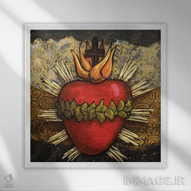 تابلو قلب مقدس با برگها اثر کندی مایر - نمای قابدار سفید