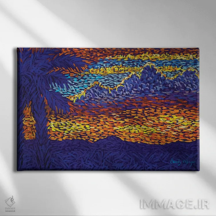 تابلو غروب با درختان نخل اثر کندی مایر - نمای روبهرو روی دیوار