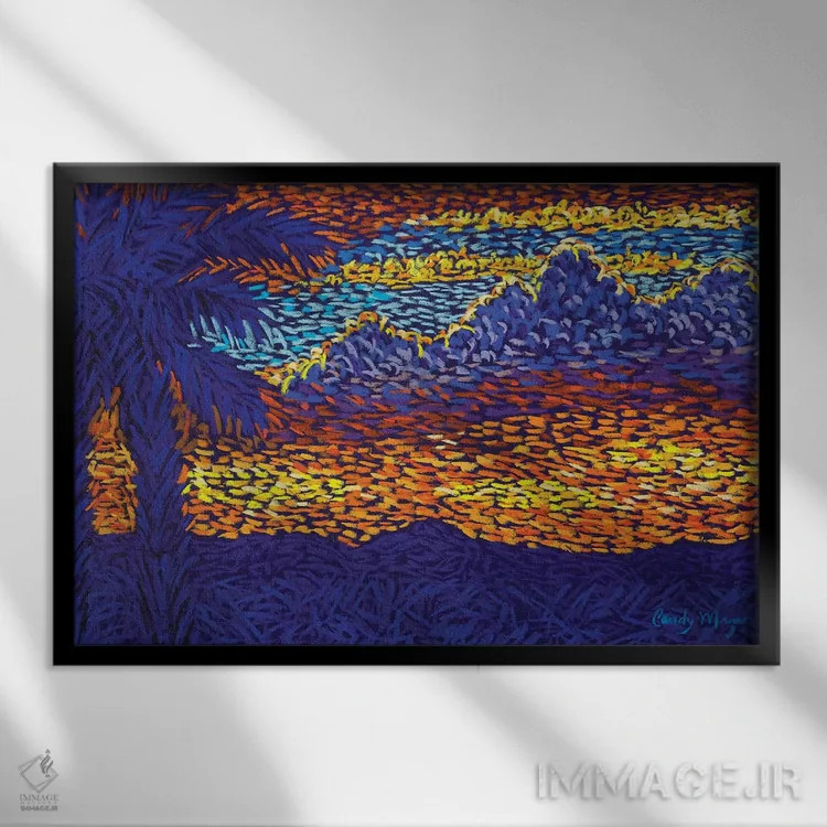 تابلو غروب با درختان نخل اثر کندی مایر - نمای قابدار مشکی