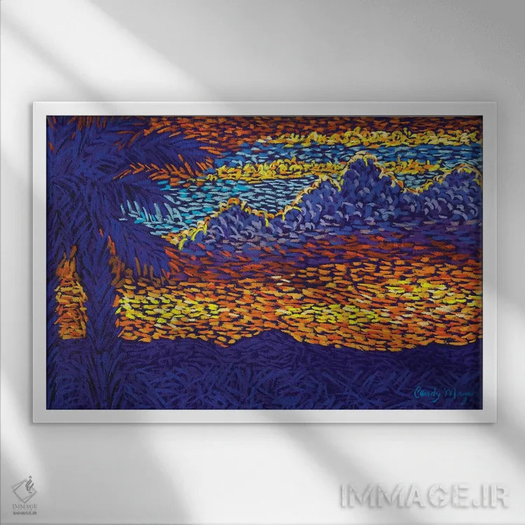 تابلو غروب با درختان نخل اثر کندی مایر - نمای قابدار سفید