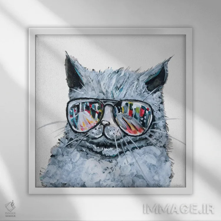 تابلو گربه با عینک آفتابی اثر استلا چانگ - نمای قابدار سفید