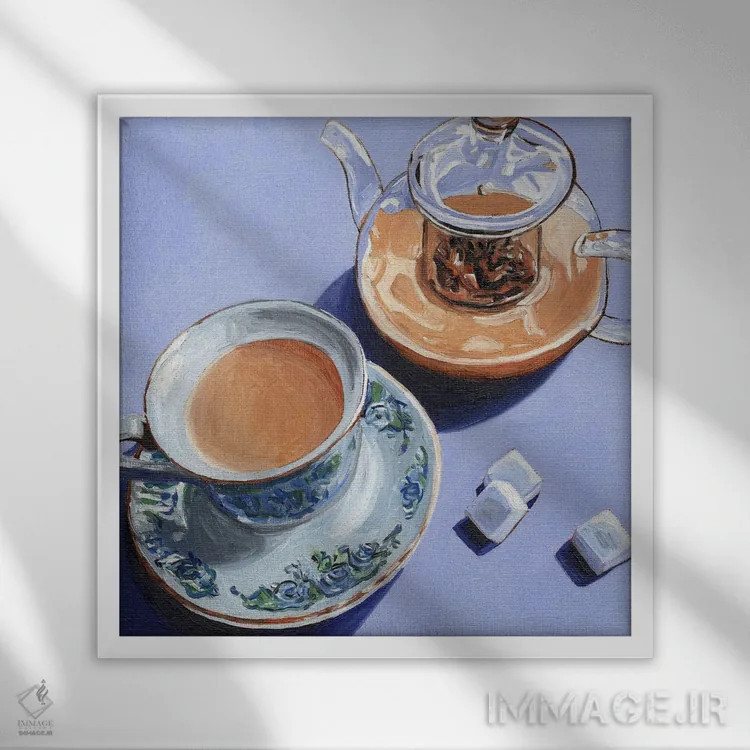 تابلو قوری و فنجان اثر جانسو روسی - نمای قابدار سفید