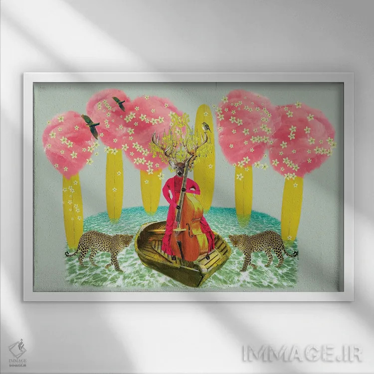 تابلو پشمک روی تخته موجسواری زرد اثر کارولین کسلسی - نمای قابدار سفید