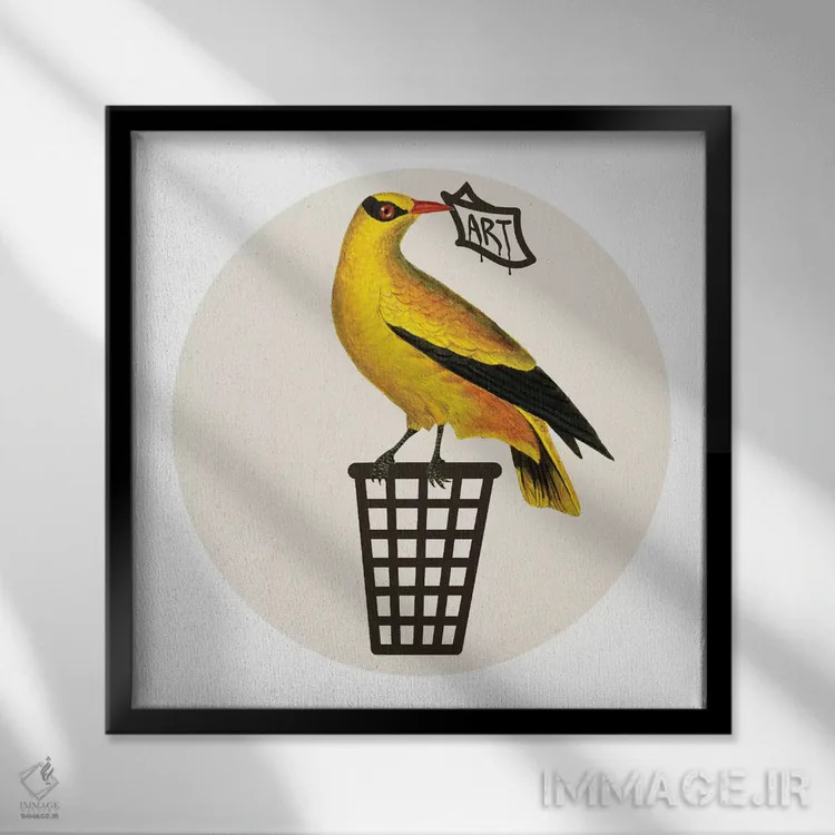 تابلو پرنده روی سطل زباله اثر کوکو د پاریس - نمای قابدار مشکی