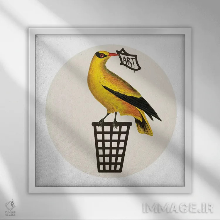 تابلو پرنده روی سطل زباله اثر کوکو د پاریس - نمای قابدار سفید