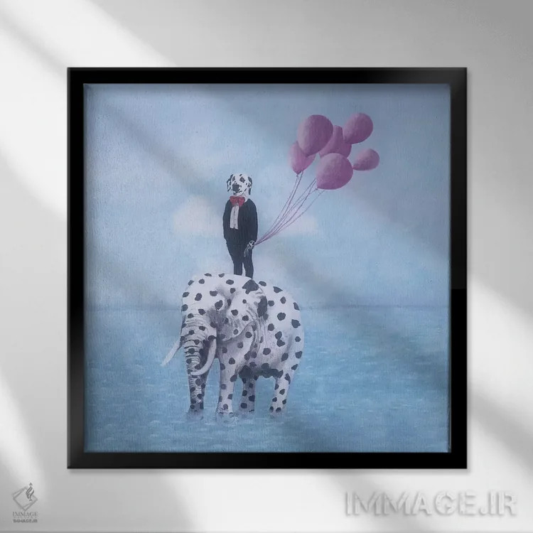 تابلو دالماتین با فیل دالماتینی اثر کوکو د پاریس - نمای قابدار مشکی