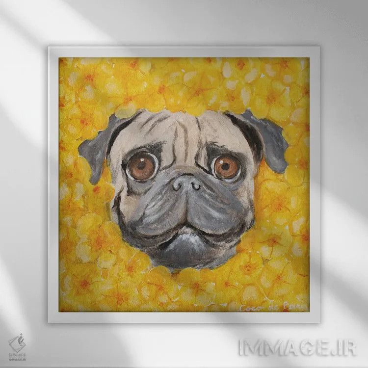 تابلو پاگ گلدار اثر کوکو د پاریس - نمای قابدار سفید