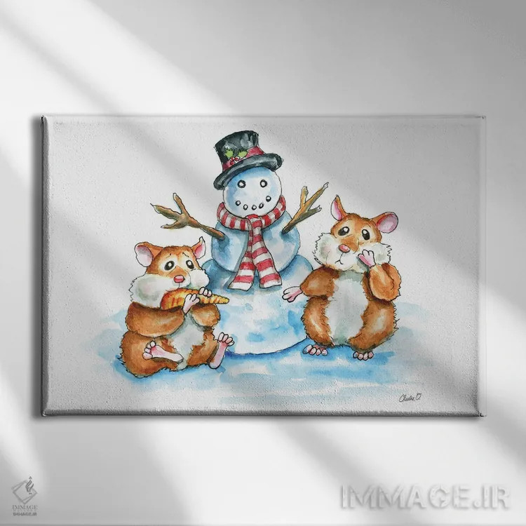 تابلو همسترها در حال ساخت آدمبرفی اثر چارلی اوشیلدز - نمای روبهرو روی دیوار