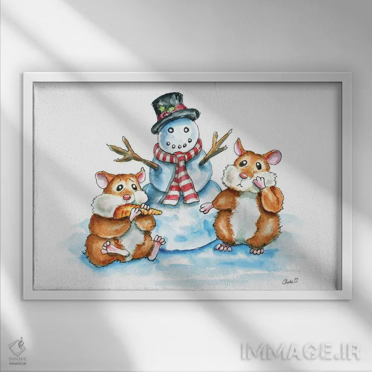 تابلو همسترها در حال ساخت آدمبرفی اثر چارلی اوشیلدز - نمای قابدار سفید