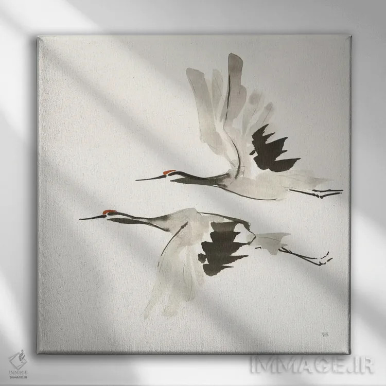 تابلو درناهای ذن شماره یک (رنگ گرم) اثر کریس پاشکه - نمای روبهرو روی دیوار