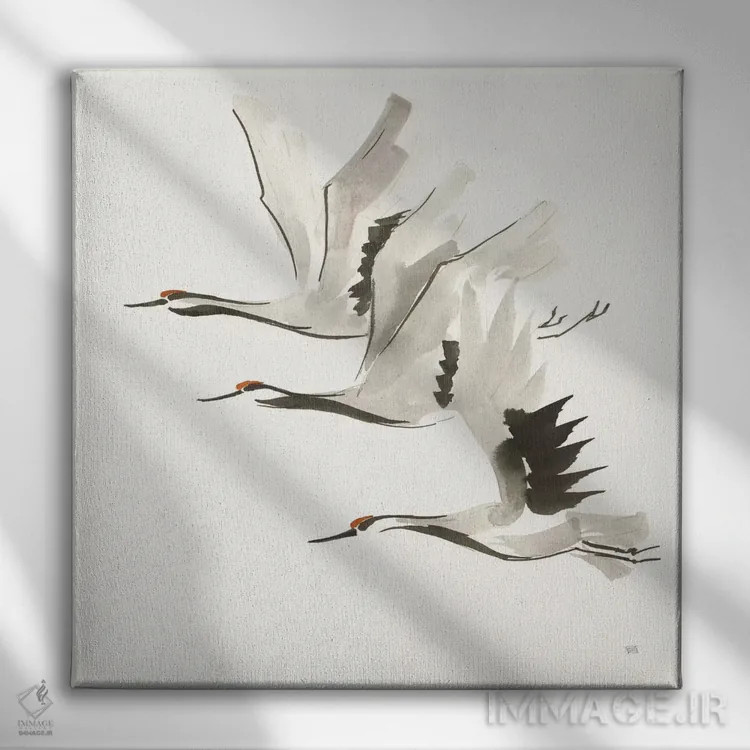 تابلو درناهای ذن شماره دو (رنگ گرم) اثر کریس پاشکه - نمای روبهرو روی دیوار