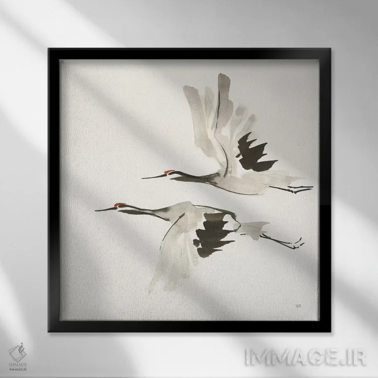 تابلو درناهای ذن شماره یک (رنگ گرم) اثر کریس پاشکه - نمای قابدار مشکی