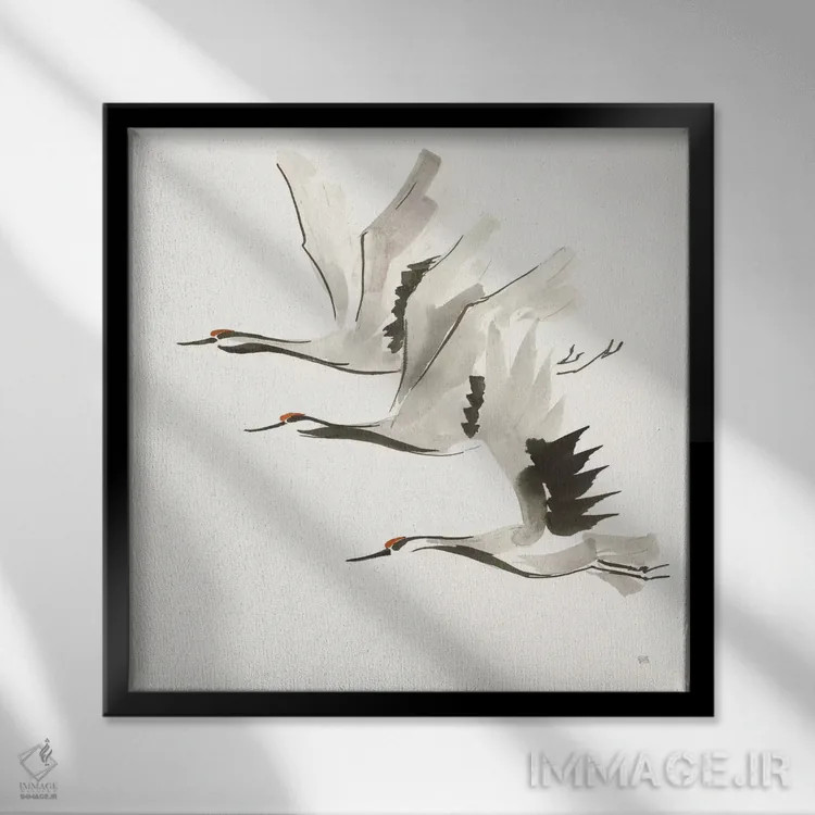 تابلو درناهای ذن شماره دو (رنگ گرم) اثر کریس پاشکه - نمای قابدار مشکی