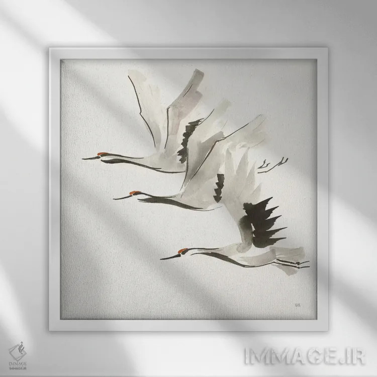 تابلو درناهای ذن شماره دو (رنگ گرم) اثر کریس پاشکه - نمای قابدار سفید