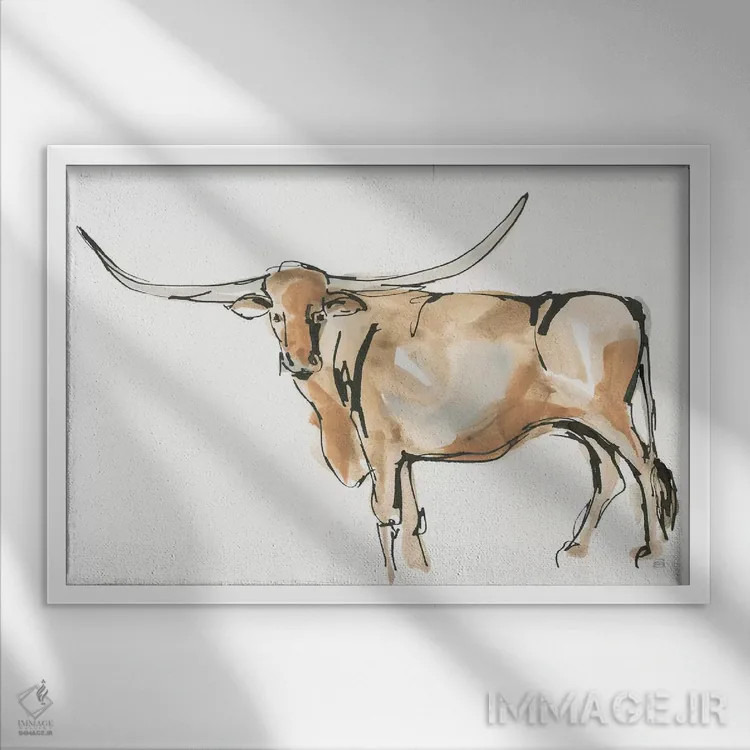 تابلو لانگهورن شماره ۲ (گاو شاخبلند) اثر کریس پاشکه - نمای قابدار سفید
