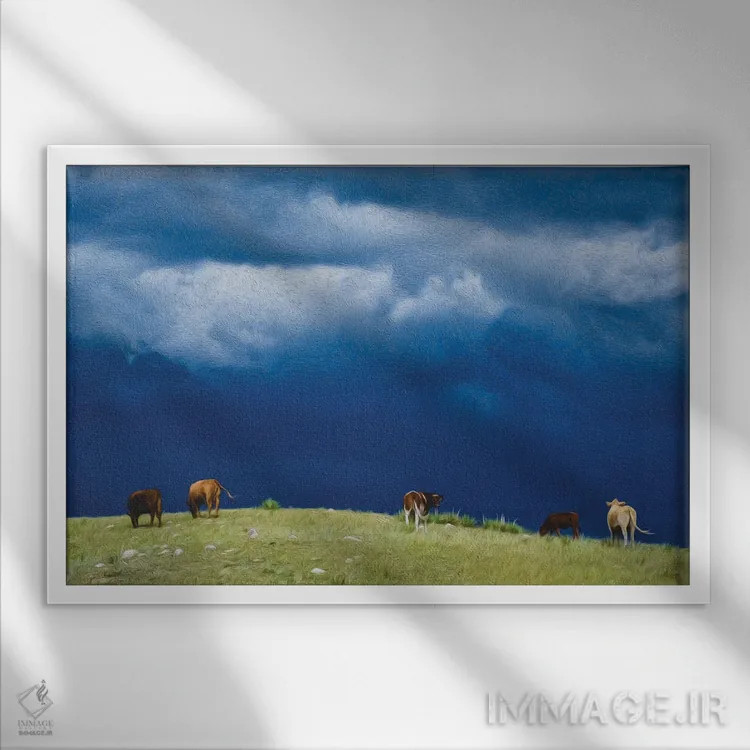 تابلو چرندگان دامنه طوفانی اثر کریستوفر توماس - نمای قابدار سفید