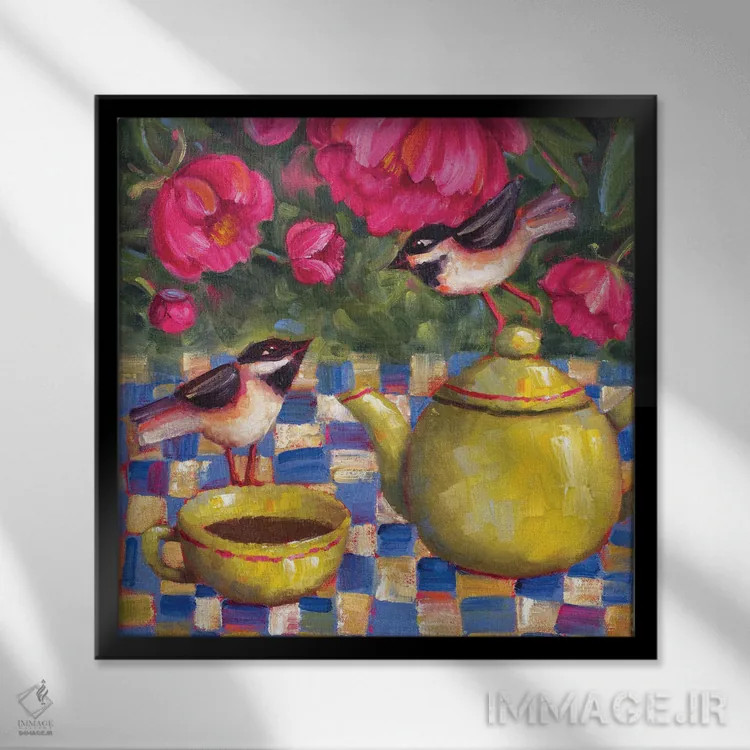 تابلو چای زیر گلهای صدتومانی اثر سیندی روِل - نمای قابدار مشکی
