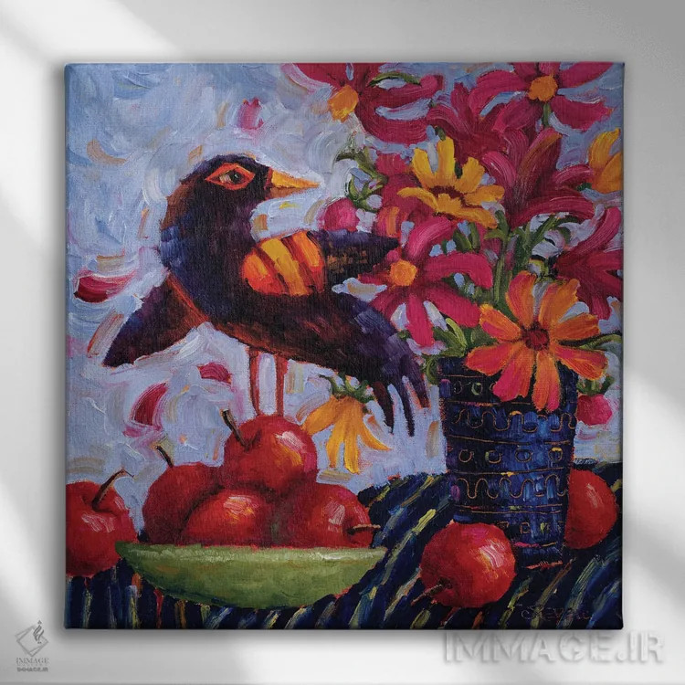 تابلو سرودهای مرغ سیاه به کیهان اثر سیندی روِل - نمای روبهرو روی دیوار