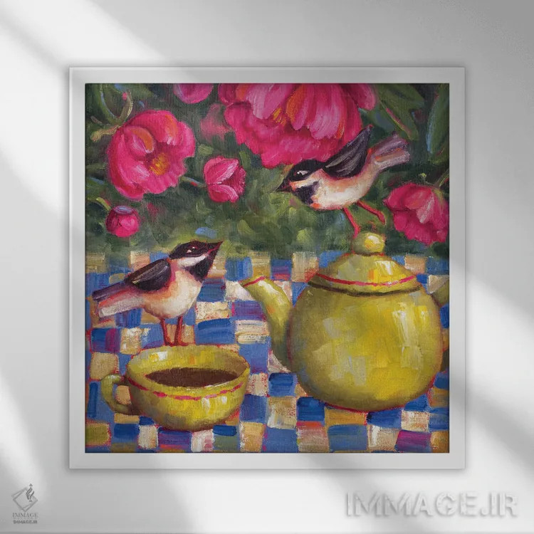 تابلو چای زیر گلهای صدتومانی اثر سیندی روِل - نمای قابدار سفید