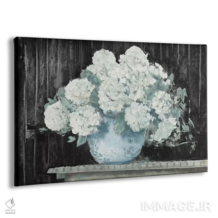 تابلو هورتانسیا سفید روی زمینهٔ مشکی (کروپ) اثر کارول روان - نمای پرسپکتیو محصول