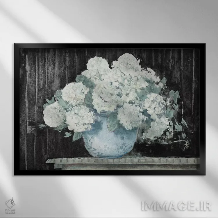تابلو هورتانسیا سفید روی زمینهٔ مشکی (کروپ) اثر کارول روان - نمای قابدار مشکی
