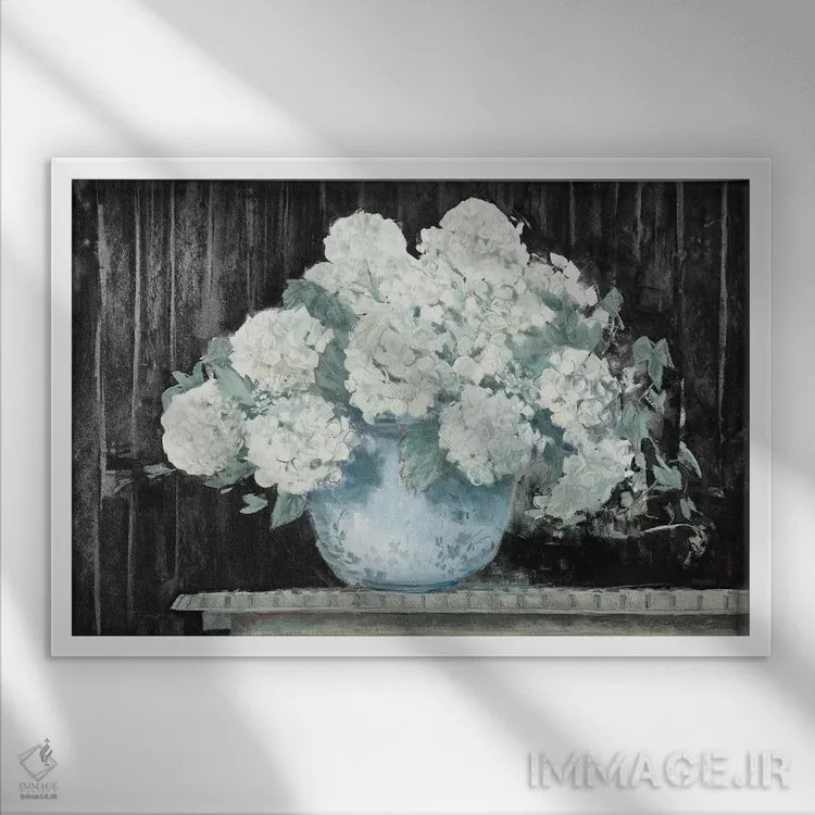 تابلو هورتانسیا سفید روی زمینهٔ مشکی (کروپ) اثر کارول روان - نمای قابدار سفید