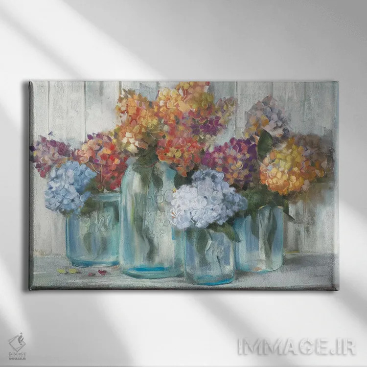 تابلو هورتانسیاهای پاییزی در شیشه (برش خورده) اثر کارول روان - نمای روبهرو روی دیوار