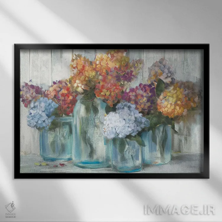 تابلو هورتانسیاهای پاییزی در شیشه (برش خورده) اثر کارول روان - نمای قابدار مشکی