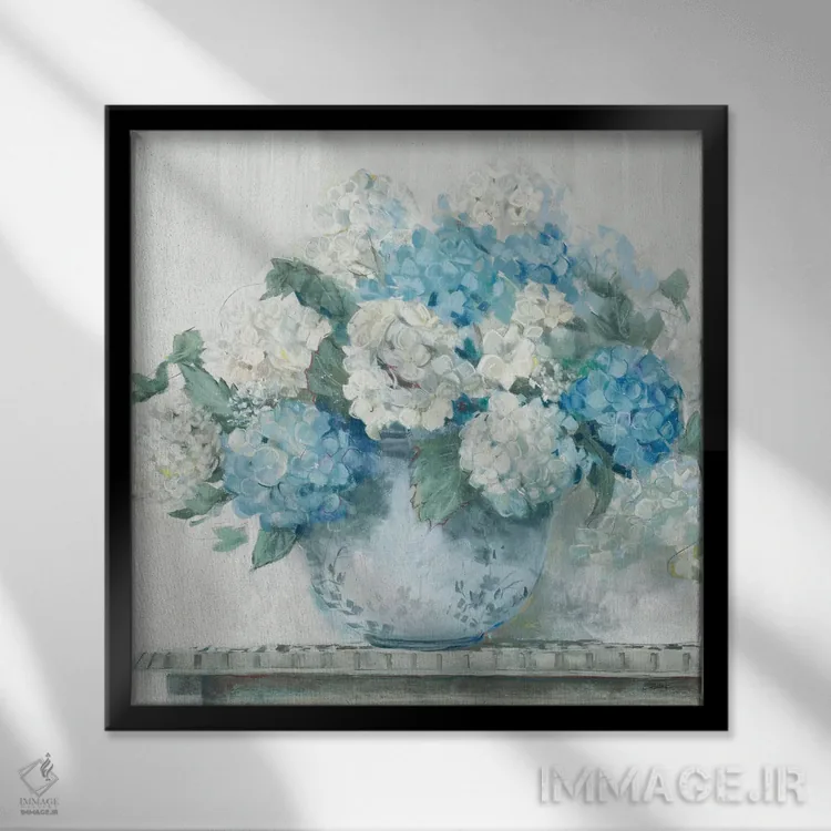 تابلو کلبهٔ هورتانسیا آبی (برش خورده) اثر کارول روان - نمای قابدار مشکی