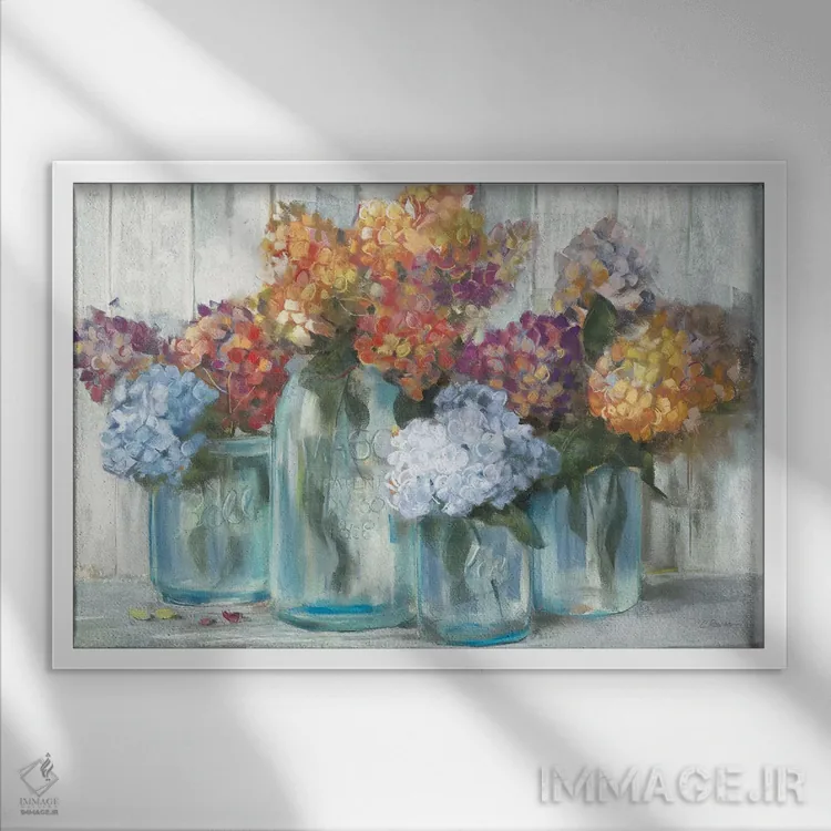 تابلو هورتانسیاهای پاییزی در شیشه (برش خورده) اثر کارول روان - نمای قابدار سفید