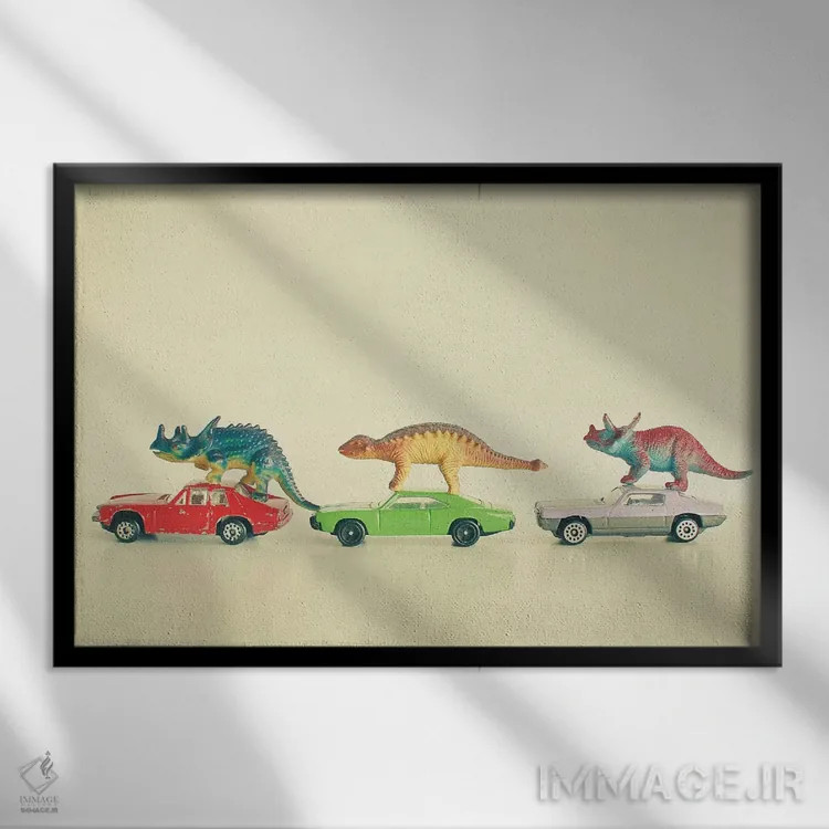 تابلو دایناسورها سوار ماشینها اثر کاسیا بک - نمای قابدار مشکی