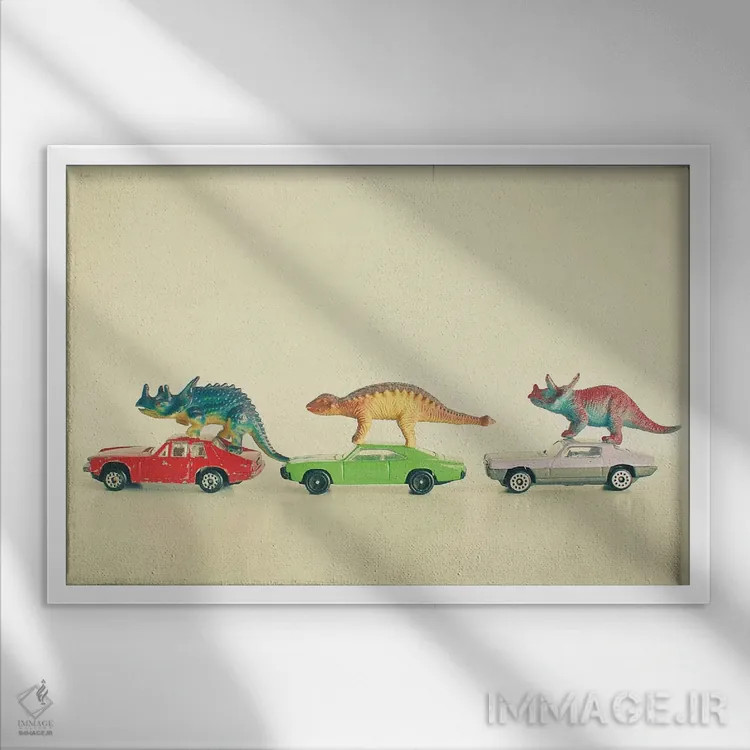 تابلو دایناسورها سوار ماشینها اثر کاسیا بک - نمای قابدار سفید